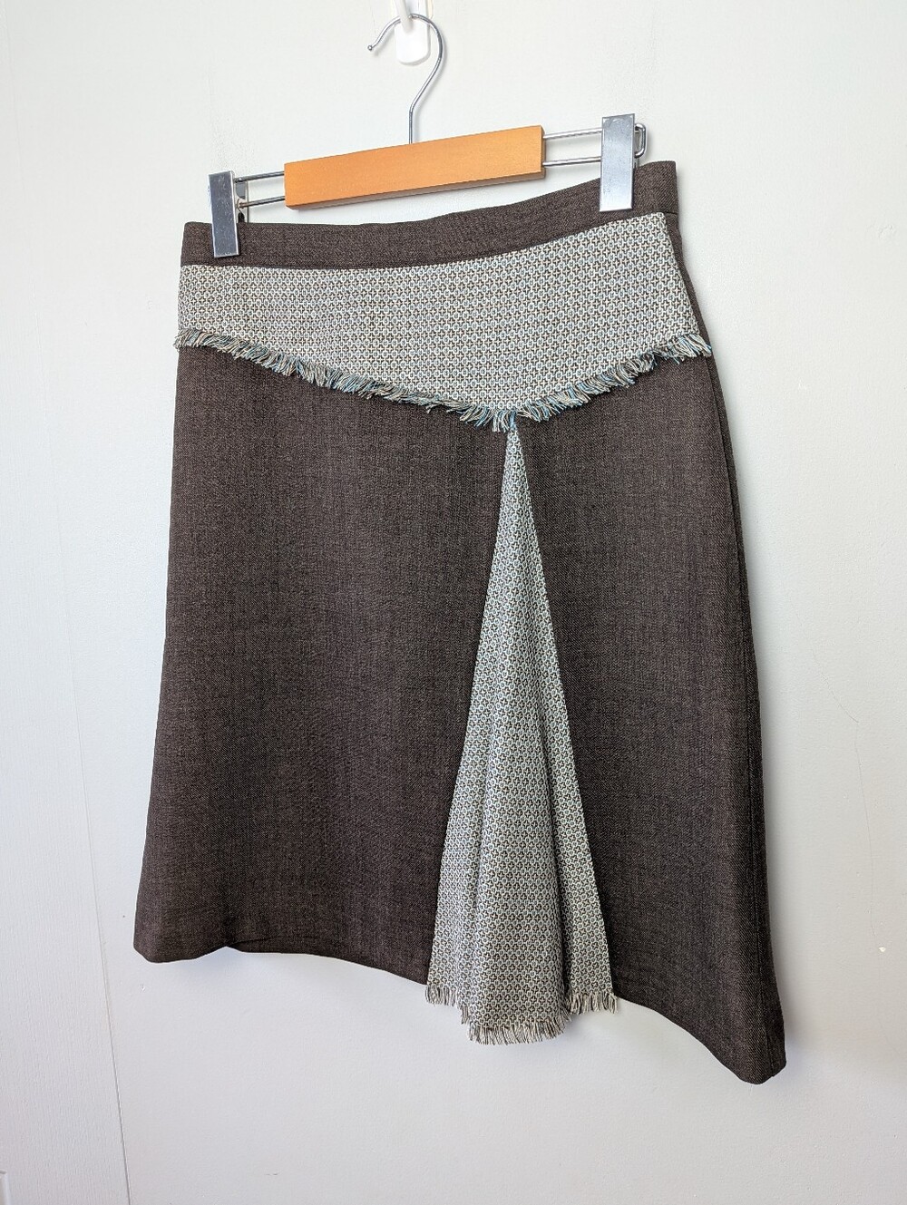 Vintage High Waist Skirt Mix Of Wool Urbano Patchwork Back Zipper Brown Color